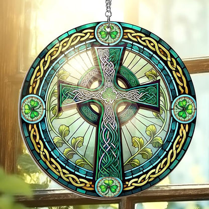FLAGWIX St Patricks Day Decorations - Double Layered Hanging Suncatcher 6 in for Home Garden Decor - St Patricks Day Decorations, Celtic Cross Home Décor, Irish Gifts for Men Women Friends Family