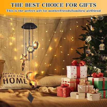 Solar Wind Chimes for Outside, Waterproof Hanging Sun and Moon Wind Chimes for Outside， Balcony Patio Garden Decoration, Gift for Loved Ones Friends and Neighbors(Sun Moon Star)