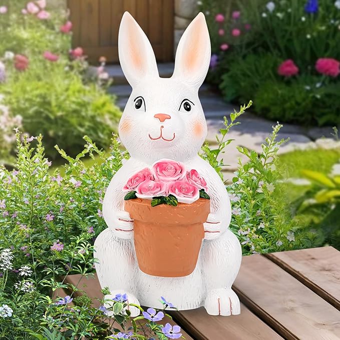 Brightever Solar Powered Outdoor Garden Statues- Rabbit with Flowers and 5 Colorful LED Lights, 11.8IN Outdoor Figurine Lights, Solar Garden Bunny Statue for Mom, Women, Female