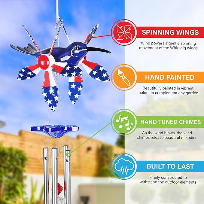 Exhart WindyWing Patriotic Hummingbird Wind Chime with American Flag Wings That Spin in The Breeze, 8 by 18 Inches