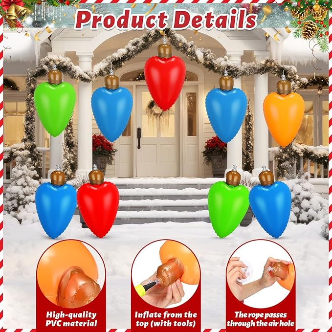 12 Pcs 10 Inch Inflatable Christmas Light Bulbs Ornaments Inflatable Christmas Ball Decorations Xmas Large Blow up Light Bulb Outdoor Indoor for Yard Lawn Tree Hanging Porch Garden Home