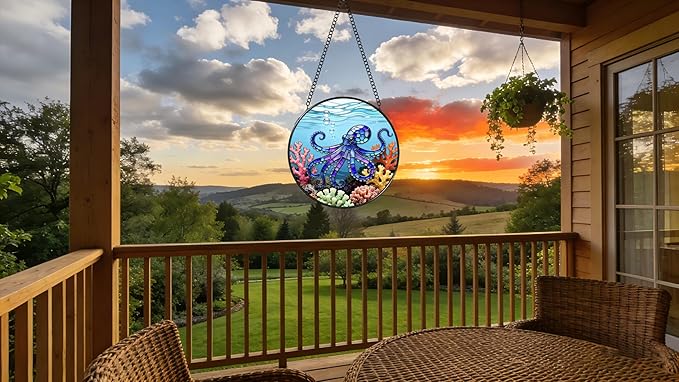 Stained Glass Window Hanging - The Blue Octopus is Foraging in The Coral 6.3 Inches Suncatcher for Garden Home Decor for Women Mon Grandma Friends