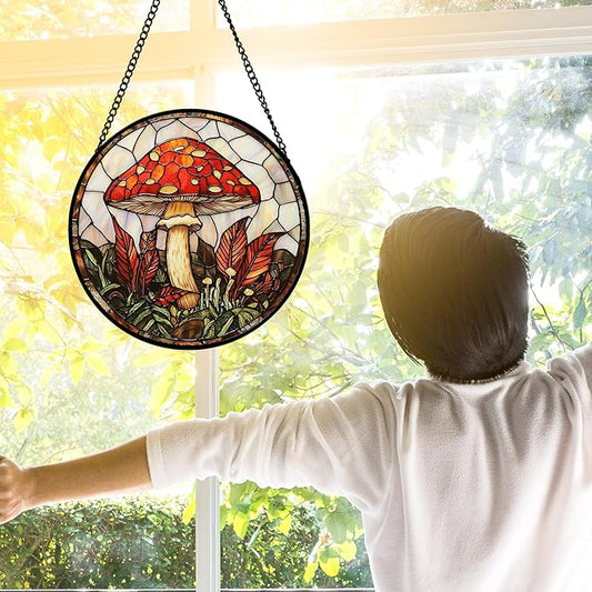 DASTOLL Stained Glass Window Hanging, Big Red Mushroom Suncatcher for Doors Home Sun Catchers Decoration and Christmas, Mother's Day Birthday Gifts for Women, Men, and Mom 7.8 in