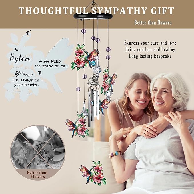 YU FENG Hummingbird Wind Chimes with Crystal Suncatcher – 27 Inch Memorial Wind Chime for Outdoor Garden Decor, Pink Hummingbird Gifts for Women/Mom/Grandma, Durable Metal Windchimes for Yard/Patio