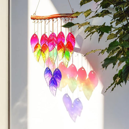 Glass Wind Chimes Suncatcher for Outside,23" Colorful Glass Leaf Wind Chimes Outdoor,Crystal Hanging Wind Chime for Home,Garden,Patio and Yard Decor
