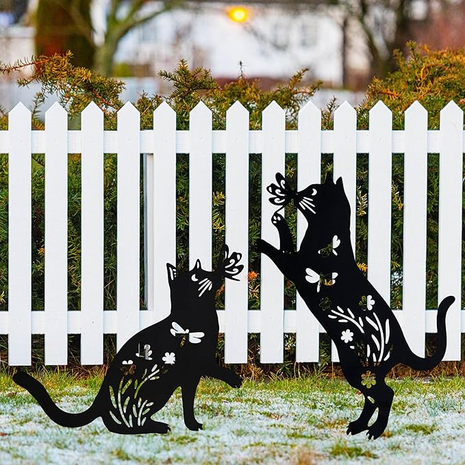Outdoor cat Metal Garden Statue Black cat Silhouette Outdoor Garden Decoration Outdoor cat Statue for Lawn Yard, cat Art Animal Garden Pile, Lawn Yard Art