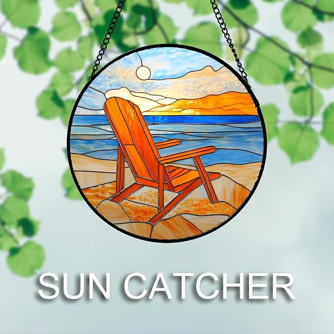 DASTOLL Stained Glass Window Hanging 4 Pcs Set Blue Orange Ocean Beach Theme Large 15" - Suncatcher Door Garden Sun Catcher Decor Birthday Christmas for Mom Woman Nana Men Wife