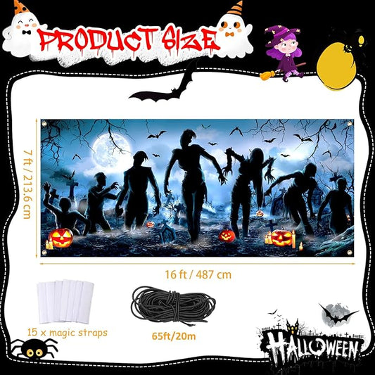 Panelee Halloween Garage Door Decoration 7x16ft Large Horror Backdrop Banner Horror Halloween Garage Door Cover with Bat Cemetery for Home Yard Scary Theme Party Outdoor Wall Decoration (Mummy)