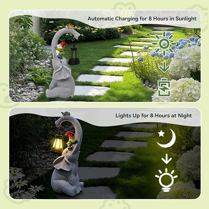 Solar Elephant Garden Statues with LED Lights, Outdoor Decor for Patio Yard Balcony - Unique Housewarming Birthday Gifts for Women Mom Grandma