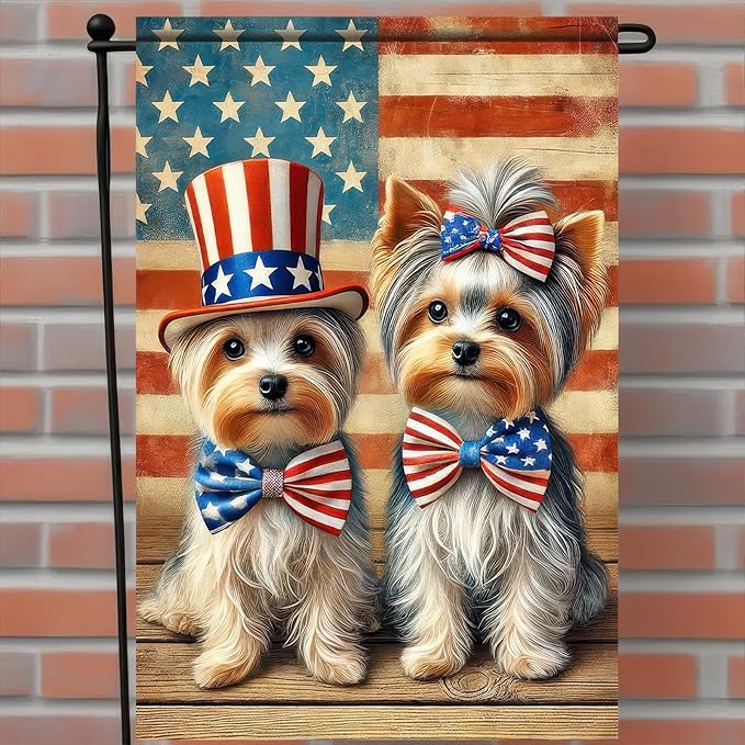 BlissYard Patriotic 4th of July Yorkie Dog Garden Flag American Flag Double Dogs Welcome Small Yard Flag 12x18 Inch Double Sided Patriotic Dog Decor Outdoor Seasonal Decoration Independence Day Memorial Day