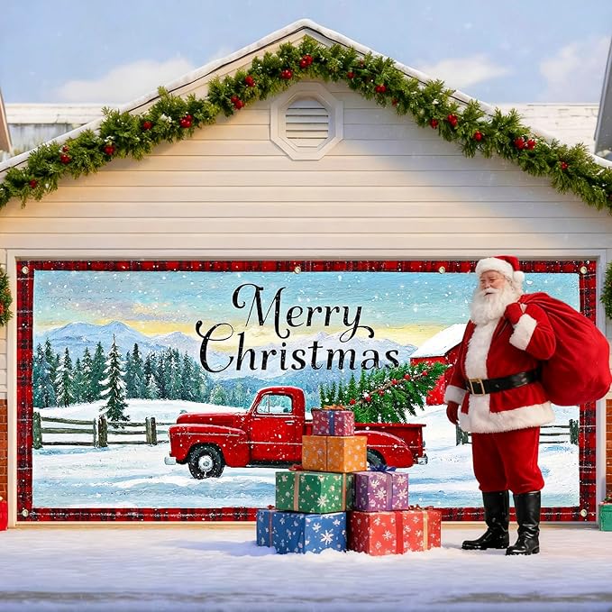 IVN Merry Christmas Garage Door Banner 13x6ft Festive Red Truck with Barn and Snowfield Photo Prop Background for Joyful Holiday Yard Door Cover Background Banner Outdoor Winter Scene