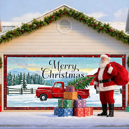 IVN Merry Christmas Garage Door Banner 13x6ft Festive Red Truck with Barn and Snowfield Photo Prop Background for Joyful Holiday Yard Door Cover Background Banner Outdoor Winter Scene