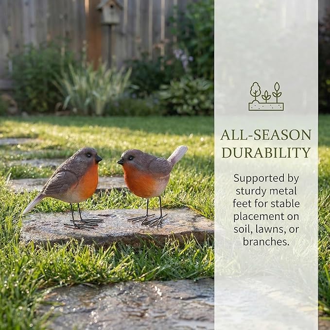 2Pcs Realistic Robin Figurines Ornaments Resin Bird Statues with Sturdy Metal Feet Small Animal Sculpture Decoration for Garden Patio, Outdoor Shelf, Miniature Scene & Yard Art, Gift for Nature Lovers