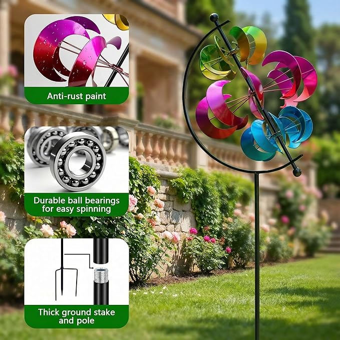 Large Kinetic Wind Spinner Outdoor Metal - 3D Wind Sculptures & Catchers with Stable Stake, Multi-Color Yard Art Decoration for Garden, Patio, Lawn, and Backyard