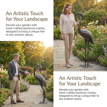 Polibi Crane Garden Statue Set of 2, Rustproof Cast Aluminum Bird Sculptures, Dark Bronze Finish Outdoor Yard Art Decor, Metal Crane Statues for Patio Lawn Backyard, No Assembly