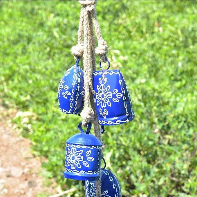 Hand-Painted Christmas Bell Wind Chime 25”– 5 Hanging Metal Witch Cow Bells Floral Design – Outdoor & Indoor Rustic Decor for Garden, Patio, Porch, Balcony, Entryway, Farmhouse,Gift (Sky Blue)