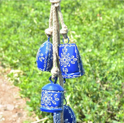 Hand-Painted Christmas Bell Wind Chime 25”– 5 Hanging Metal Witch Cow Bells Floral Design – Outdoor & Indoor Rustic Decor for Garden, Patio, Porch, Balcony, Entryway, Farmhouse,Gift (Sky Blue)