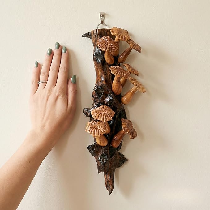 Curawood Wall Hanging Mushroom Decor - 11.8" x 5.9" Wooden Mushroom Wall Art - Handmade in Indonesia, Authentic Artisan Carving - Natural Toadstool Sculpture, Rustic Cottagecore Decorations for Home