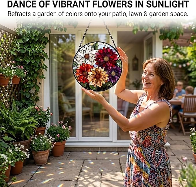 Birthday Gifts for Women - Colorful Flowers Faux Stained Glass Window Hanging Sun Catcher for Door Garden Acrylic Decor Mother's Day Christmas for Mom Nana Grandma Sisters Wife 7.8"