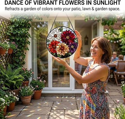 Birthday Gifts for Women - Colorful Flowers Faux Stained Glass Window Hanging Sun Catcher for Door Garden Acrylic Decor Mother's Day Christmas for Mom Nana Grandma Sisters Wife 7.8"