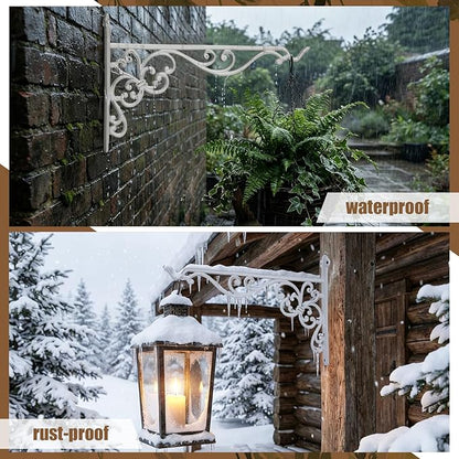 Landhoow 2 Pcs 15.6" Large Cast Iron Hanging Outdoor Wall Hanger White Heavy Duty Basket Hook Braces Vintage Decorative Shelf Garden Planter Flower Hook for Pot Lantern Wind Chime Hummingbird Feeder