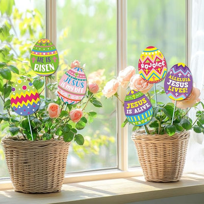 Cinrobiye 12Pcs Easter Planter Stakes Flower Pot Signs 5.9Inches Bunny Chick Jesus Egg Garden Stake Outdoor Lawn for Easter Party Patio Yard Outside Greetings Home Farmhouse Decor