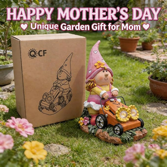 Solar Gnomes Decorations for Fairy Garden Accessories, Fairies Gnome Riding Lawn Mower Figurines for Proch Yard Lawn Outdoor Decor, Mother's Day Unique Gifts for Women
