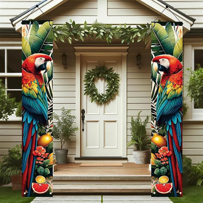 Summer Luau Tropical Parrot Porch Banners 71x12 Inch Party Decorations Colorful Macaw Hanging Door Signs Jungle Leaves Outdoor Patio Welcome Banner for Home Decor