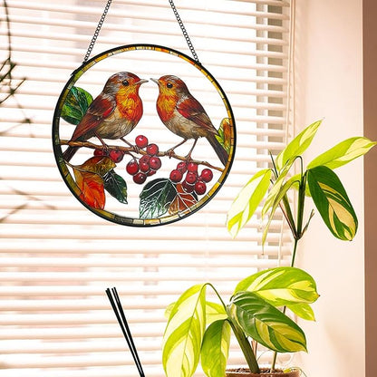 Robins Sun Catcher Stained Glass Window Hanging Suncatcher Indoor Window with Metal Chain, Birds Gifts for Women Mom Bird Lovers