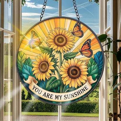 VAIIEYO Sunflower Sun Catcher Stained Glass Window Hanging Ornament, Handmade Sun Catcher Flower Decoration with Hooks for Window Garden Home, Mother's Day & Birthday Housewarming Gift (7.8 inch)