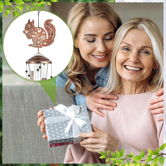 Squirrel Wind Chimes Outdoor Decoration for Women Men Mom Wife Grandma Birthday Gifts Memorial Metal Squirrel Wind Chimes for Outside Indoors, Lawn, Patio, Home, Porch, Yard Decor, Garden Decor