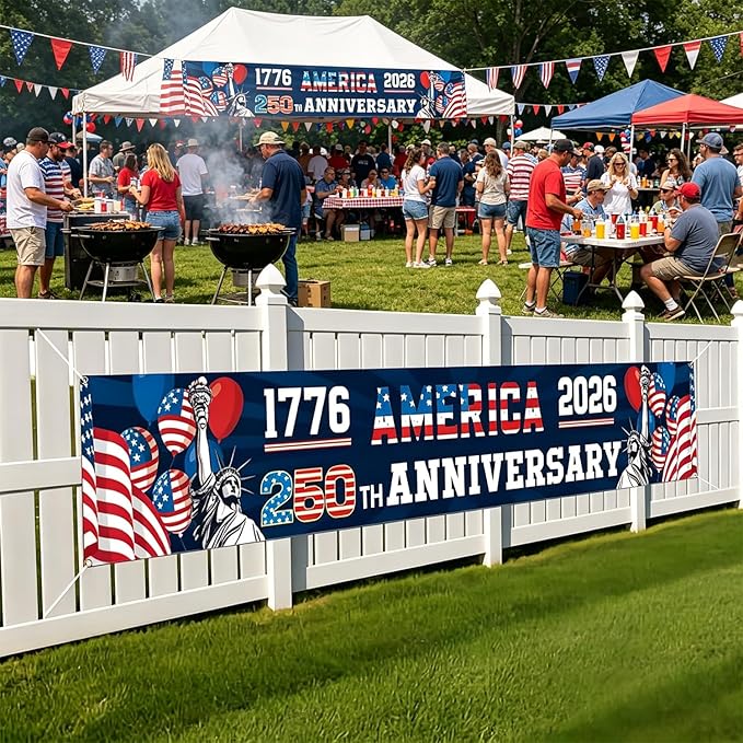 250th Anniversary USA Banner 120 x 20 Inches America 1776-2026 250 Years Birthday Banner American Flag Statue of Liberty Designs Patriotic Party Home Decorations for Outdoor Indoor Yard Garden Lawn