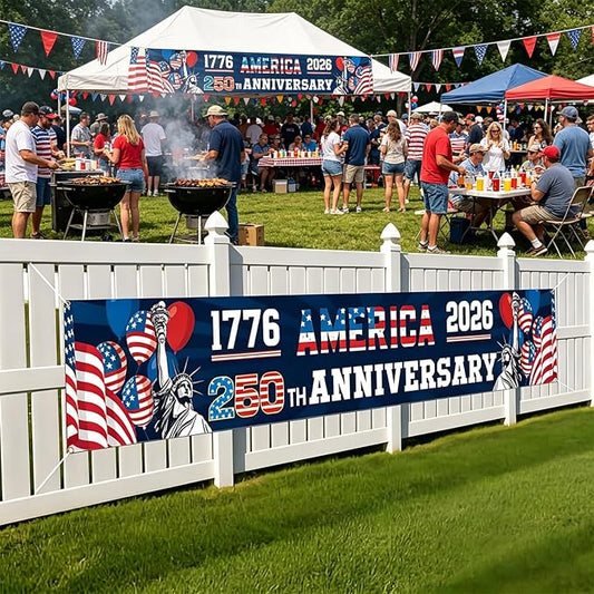 250th Anniversary USA Banner 120 x 20 Inches America 1776-2026 250 Years Birthday Banner American Flag Statue of Liberty Designs Patriotic Party Home Decorations for Outdoor Indoor Yard Garden Lawn