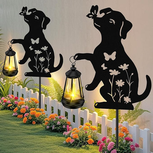ZFNN Solar Garden Statues Dog Decor - Outdoor Metal Lantern Silhouette Stake, Waterproof Solar Lights for Yard Patio Lawn Pathway Art Decoration, Unique Gardening Gifts for Women Mom Dog Lovers 2Pack