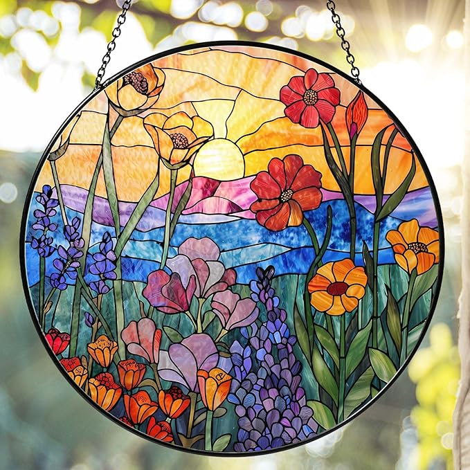 Wildflowers Sun Catcher 6'' Stained Glass Window Hanging Plant Lover Gifts for Women Wildflowers Wall Decor Handmade Sun Catcher Decoration for Garden Home Housewarming Gifts