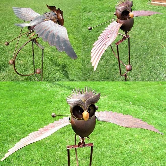 Metal Swinging Owl Wind Spinner for Yard and Garden Decor, Outdoor Metal Windmill Art Deco, Lawn Decorations Wind Sculpture and Spinner, Garden Stake Decorative Kinetic Sculpture