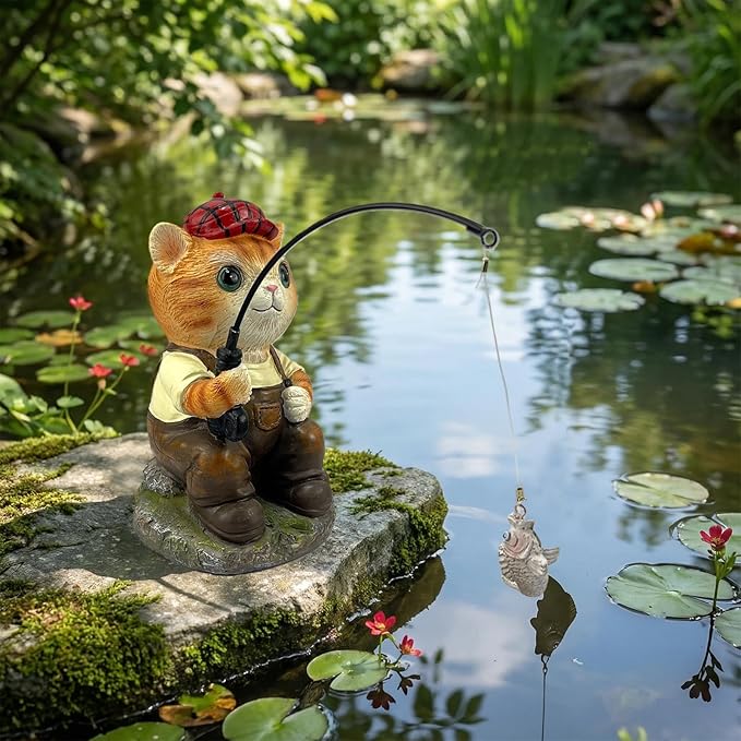 GARDEN WHISPER Cat Statue Outdoor Koi Pond Garden Decoration, Cat Decor for Yard 7.1'' Fishing Tabby Statue Outdoor Garden Decor, Fishing Guy for Waterfalls or Koi Pond Additioanl, Gifts for Mom