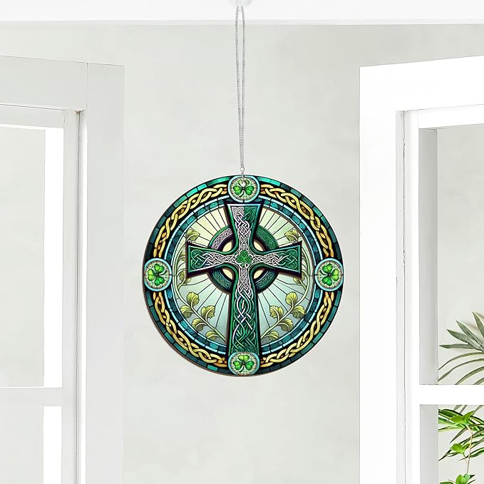 FLAGWIX St Patricks Day Decorations - Saint Patricks Day Decor, Double Layered Hanging Suncatcher 8 inch, Shamrock Celtic Cross for Home Window Garden - Irish Gifts for Men Women Friends Family
