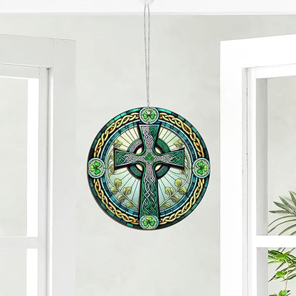 FLAGWIX St Patricks Day Decorations - Saint Patricks Day Decor, Double Layered Hanging Suncatcher 8 inch, Shamrock Celtic Cross for Home Window Garden - Irish Gifts for Men Women Friends Family
