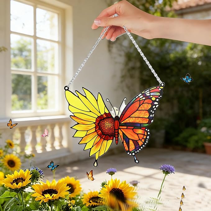 Stained Glass Window Hanging, Butterfly Flowers Sun Catcher Decor, Handcrafted Stained Glass Panel for Window, Home, Garden, Indoor Outdoor Suncatchers Ornament, Ideal Gift for Mom, Friends