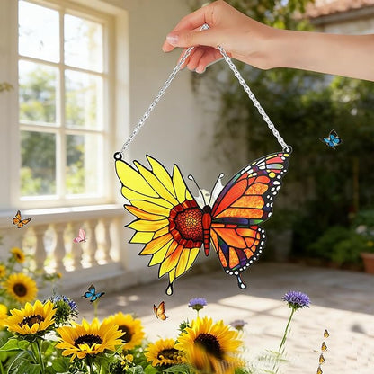 Stained Glass Window Hanging, Butterfly Flowers Sun Catcher Decor, Handcrafted Stained Glass Panel for Window, Home, Garden, Indoor Outdoor Suncatchers Ornament, Ideal Gift for Mom, Friends