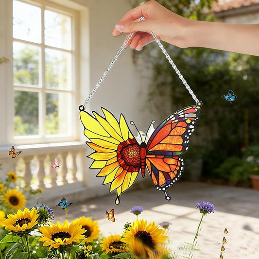 Stained Glass Window Hanging, Butterfly Flowers Sun Catcher Decor, Handcrafted Stained Glass Panel for Window, Home, Garden, Indoor Outdoor Suncatchers Ornament, Ideal Gift for Mom, Friends