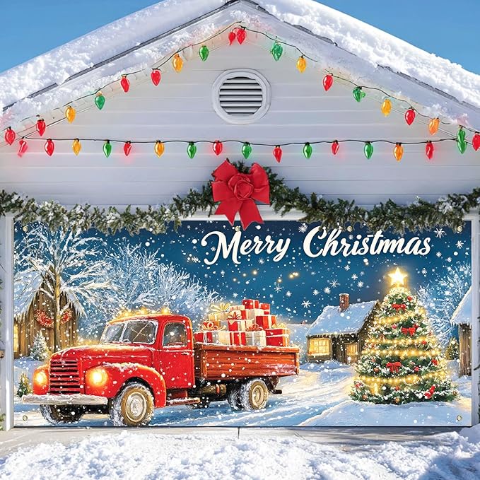 IVN Christmas Garage Door Banner 6x13 ft Red Vintage Truck with Gifts Backdrop Garage Door Covers Decorative Holiday Garage Door Cover Mural Snowy Christmas Tree Scene