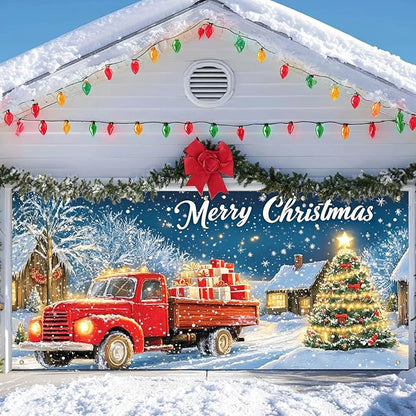 IVN Christmas Garage Door Banner 6x13 ft Red Vintage Truck with Gifts Backdrop Garage Door Covers Decorative Holiday Garage Door Cover Mural Snowy Christmas Tree Scene