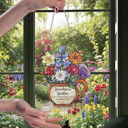 Personalized Grandma Stained Glass Sun Catcher, Custom Birth Month Flower Stained Glass Acrylic, Grandma's Garden Suncatcher Window Hanging Ornament, Mothers Day Grandma Mom Gifts