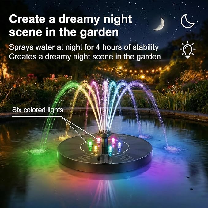 Solar Fountain for Bird Bath with Lights, Solar Bird Bath Fountains with 7 Nozzles, Outdoor Solars Water Fountain Pump for Birds Baths, Garden, Pool, Pond