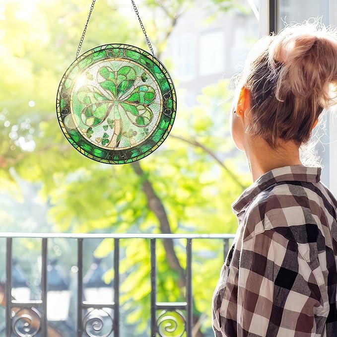FLAGWIX St Patricks Day Decorations - Stained Glass Hanging Suncatcher 8 in - Birthday Irish Decorations, Irish Gifts for Women Men Family Friends, Shamrock Home Decor