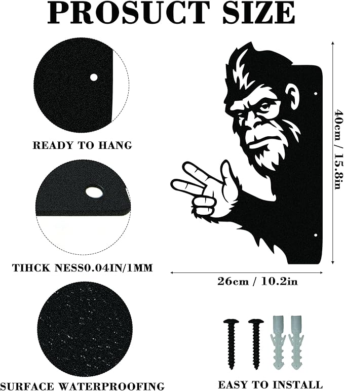 Matte Black Iron Bigfoot Tree Ornament with Pointing Hand Gesture – Outdoor Sasquatch Yard Decor for Tree Trunks, Garden Walls & Woodland Spaces, 15.8 x 10 Inches