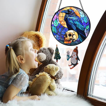 TNUW Black Raven Halloween Stained Glass Window Hanging, Gothic Skull Black Crow Sun Catchers Indoor Window Glass Round Wall Art Decor, Halloween Wall Hanging Decorations, 7.9＂x7.9＂