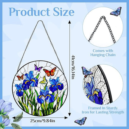 Stained Glass Window Hanging Iris Flower Suncatcher, Renyalora 10 Inch Round Glass Sun Catcher for Window Outdoor Garden Decor Butterfly Wall Art for Home, Patio, Porch Gift for Nature Lovers & Women